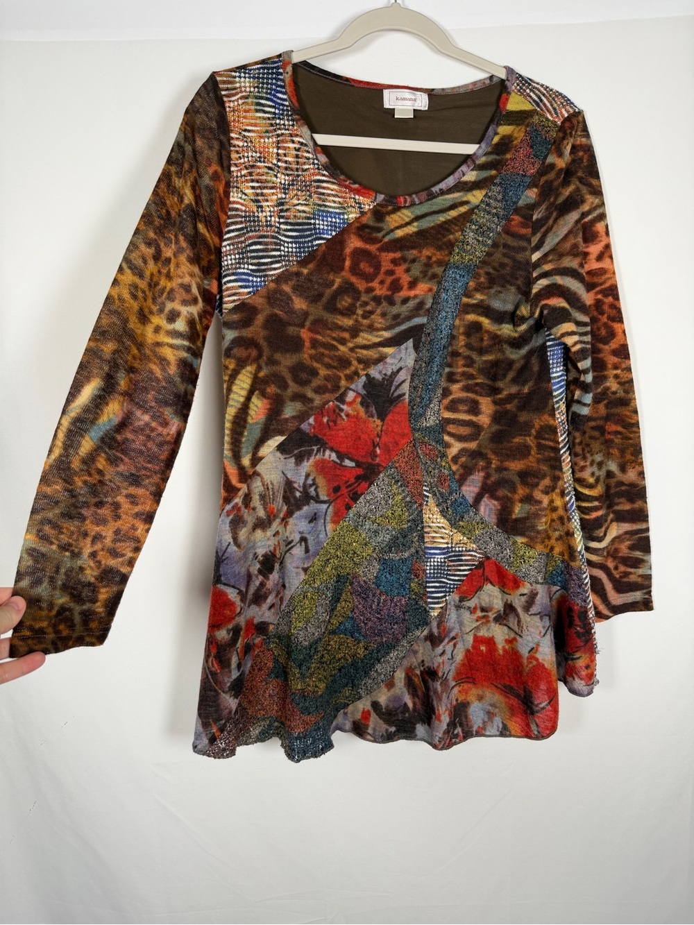 Vintage Multicolor Patchwork-Print Long Sleeve Scoop Neck Top Fairy Grunge